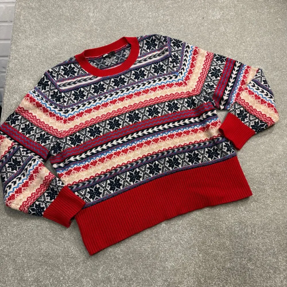 JCrew‎ Fair Isle Crewneck Lambs Wool Blend Sweater 2X Red Navy Winter Christmas